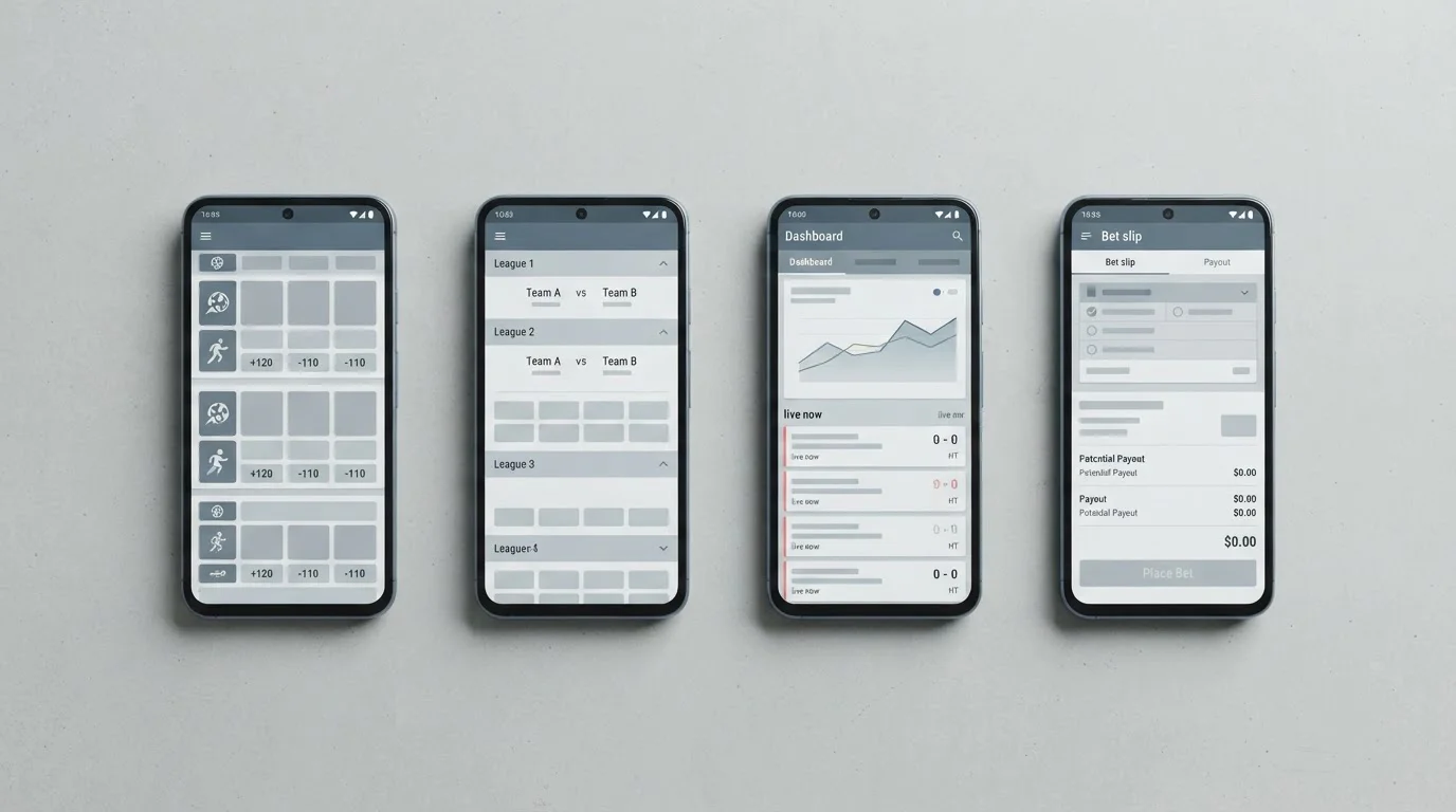 Mehrere Android-Smartphones nebeneinander mit verschiedenen App-Oberflächen im Vergleich