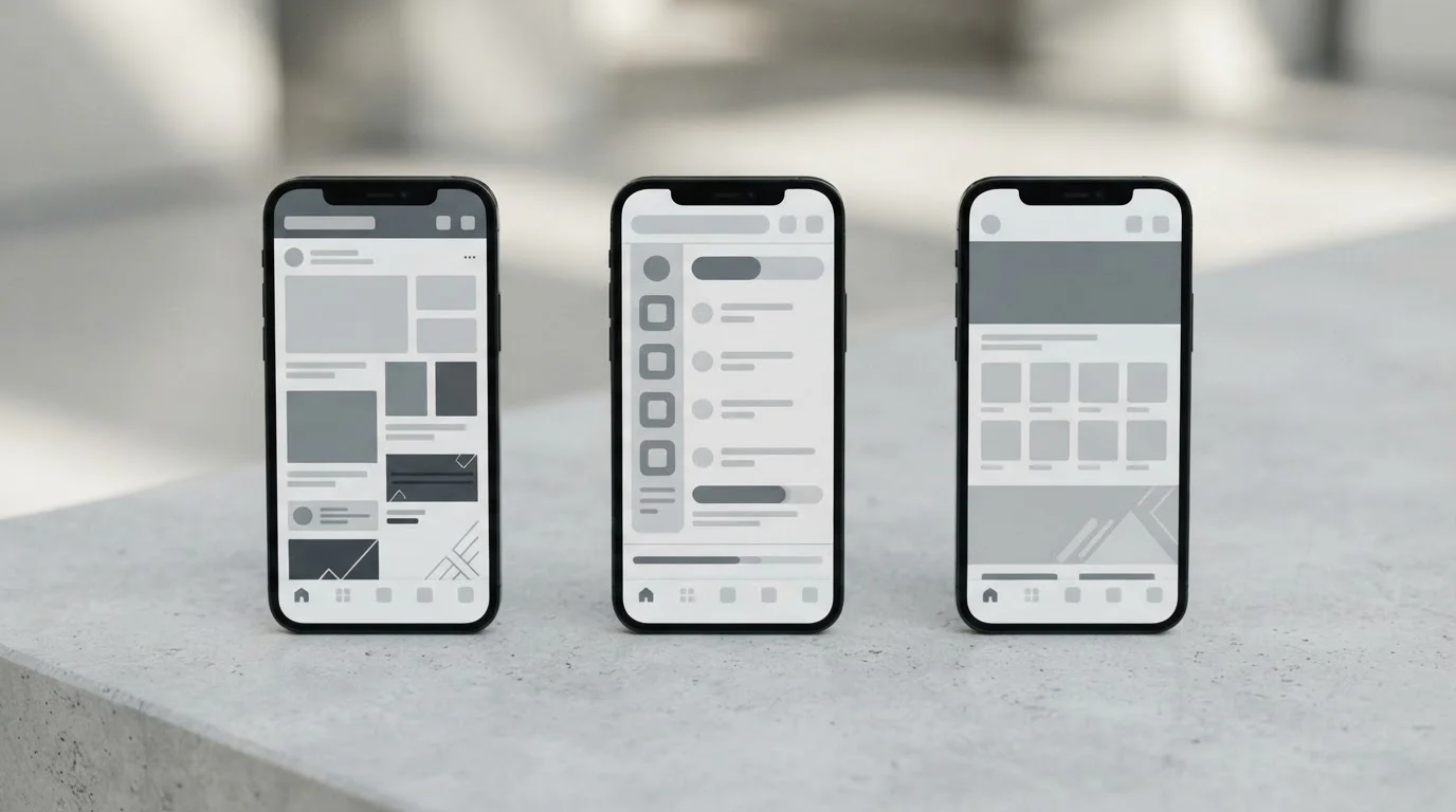 Mehrere Smartphones nebeneinander auf neutralem Untergrund zur Darstellung eines App-Vergleichs