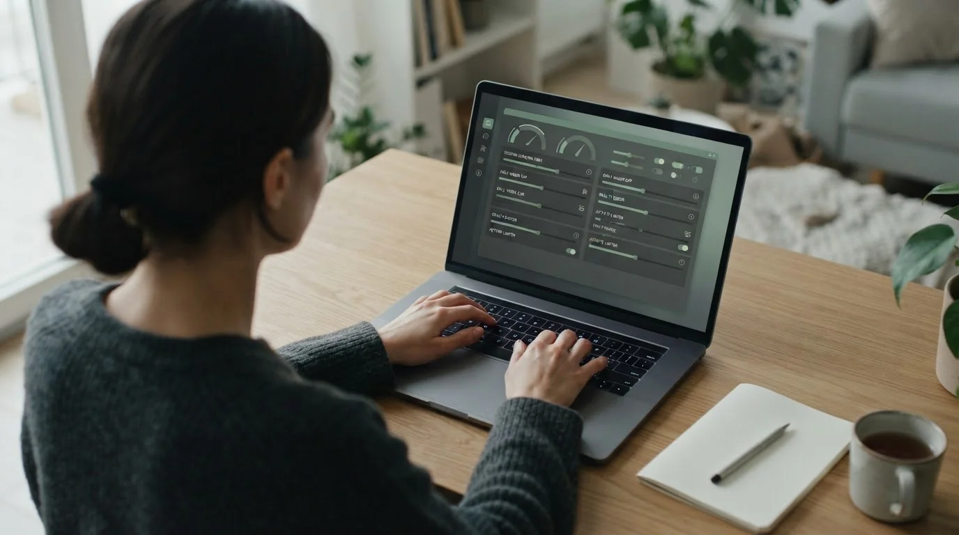 Hände an einem Laptop, der eine neutrale Einstellungsseite für Einzahlungslimits zeigt