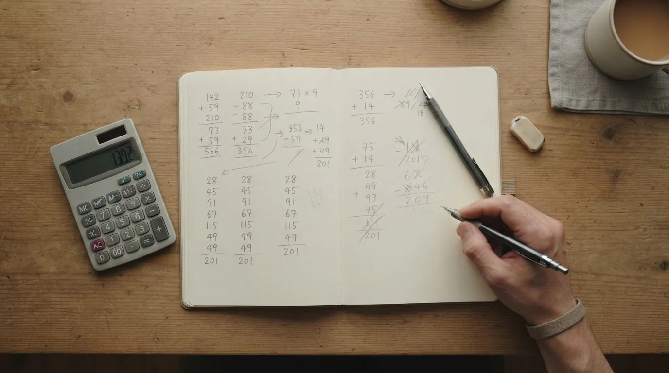 Taschenrechner und Notizen zeigen die mathematische Analyse von Bonusbedingungen