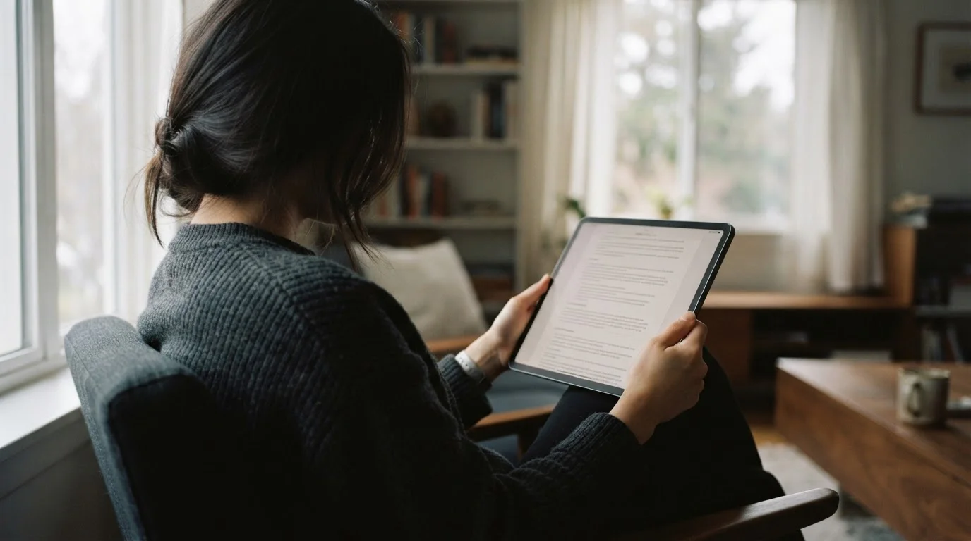 Person liest Geschäftsbedingungen auf Tablet, Blick von der Seite
