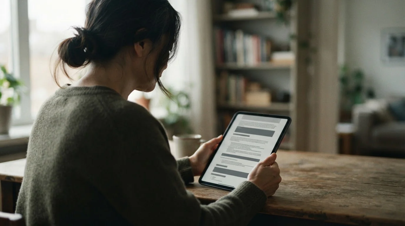 Person liest Geschäftsbedingungen auf Tablet, Blick von der Seite