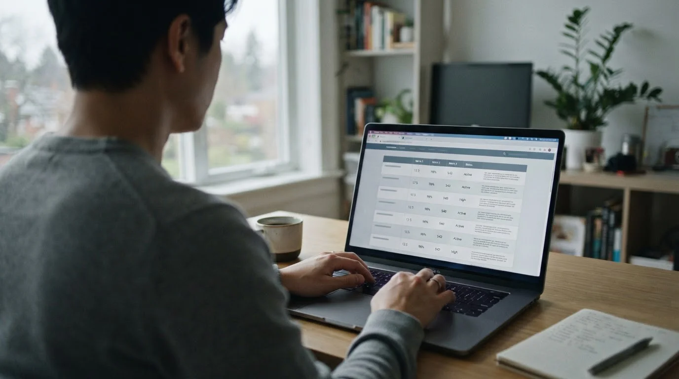 Arbeitsplatz mit mehreren geöffneten Browser-Tabs und Vergleichstabelle