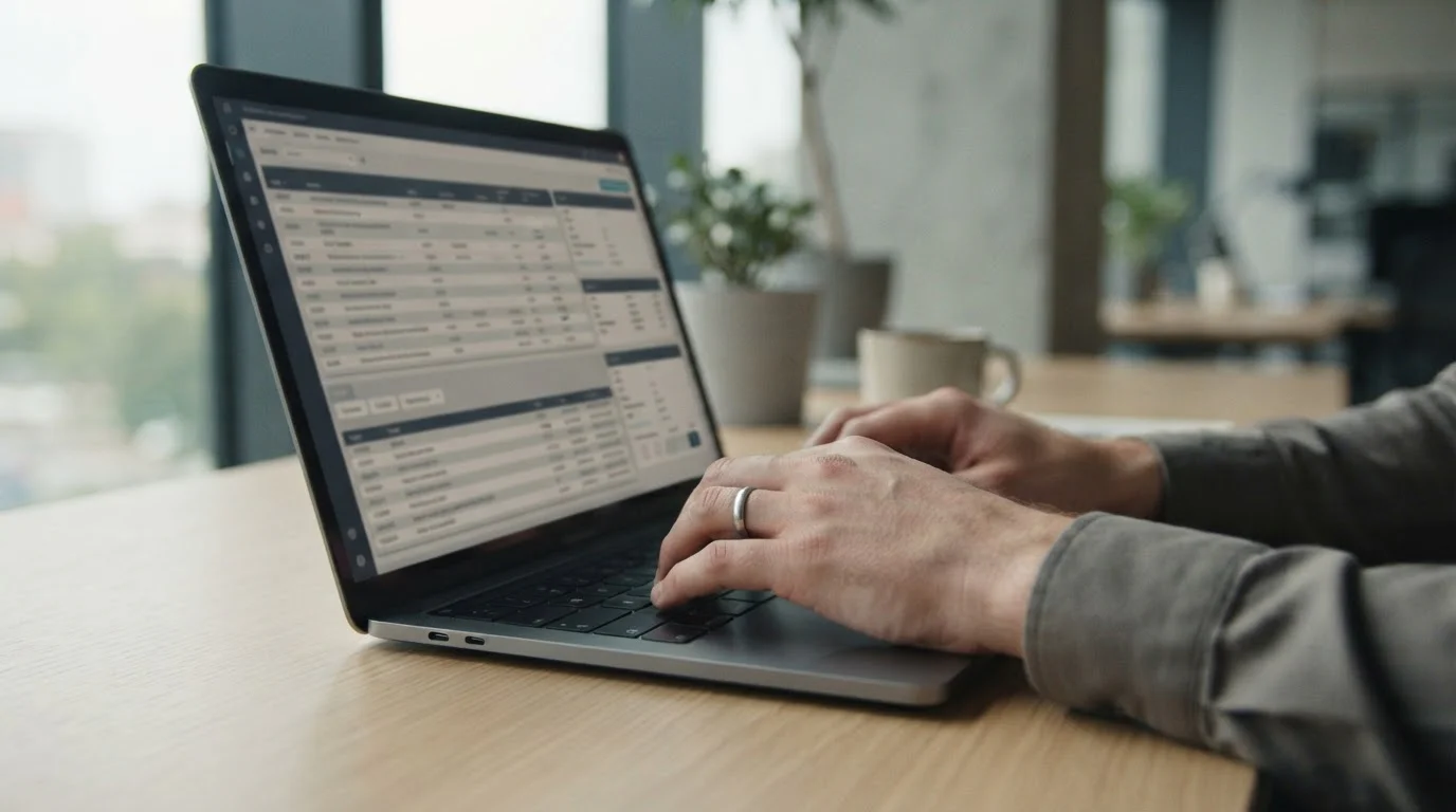 Hände an Laptop bei der Überprüfung von Lizenzinformationen auf Behördenseite