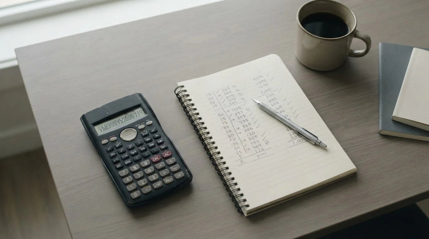 Taschenrechner und Notizen mit abstrakten Berechnungen auf Schreibtisch