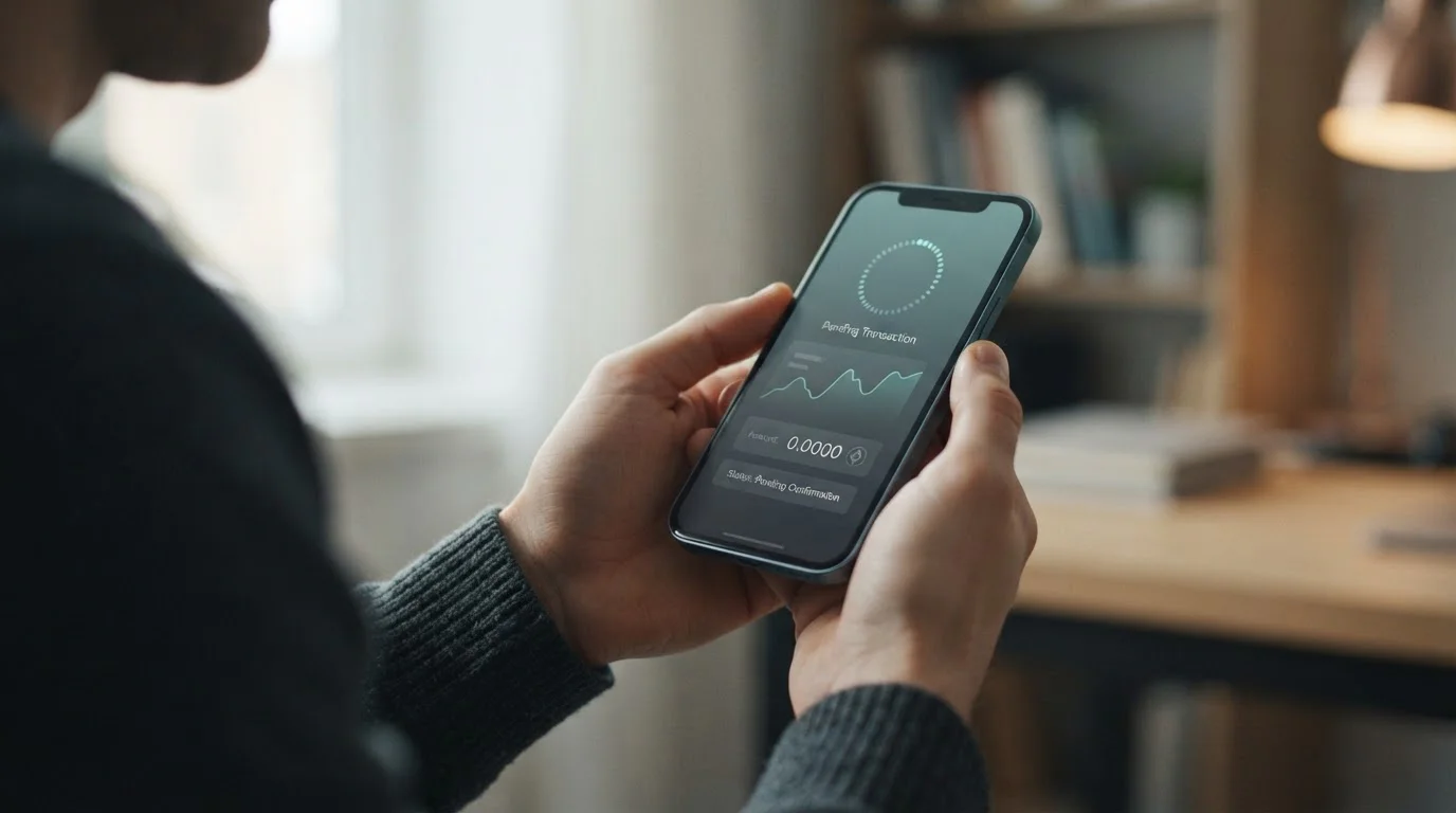 Smartphone mit Krypto-Wallet-Oberfläche und abstraktem Transaktionsstatus auf dem Display