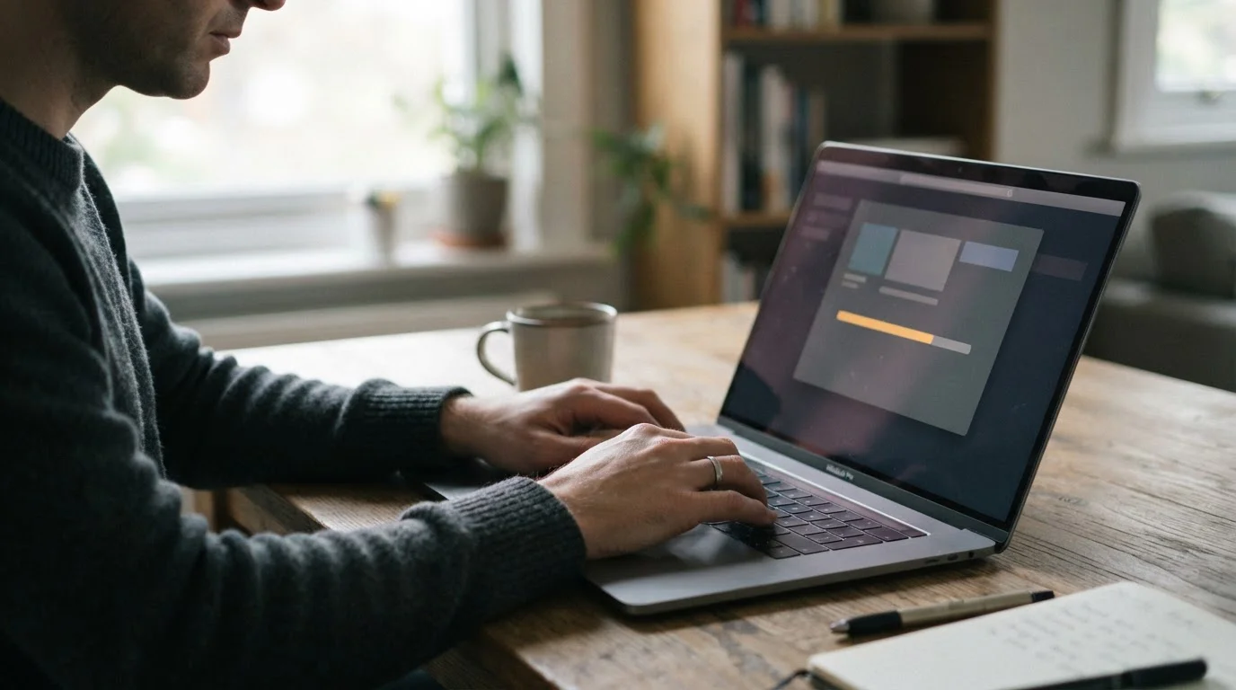 Hände an einem Laptop mit abstraktem Interface zur Darstellung von Einzahlungslimits