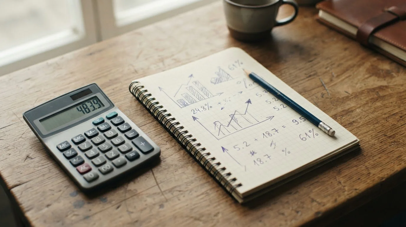 Taschenrechner und Notizen mit statistischen Berechnungen auf Schreibtisch