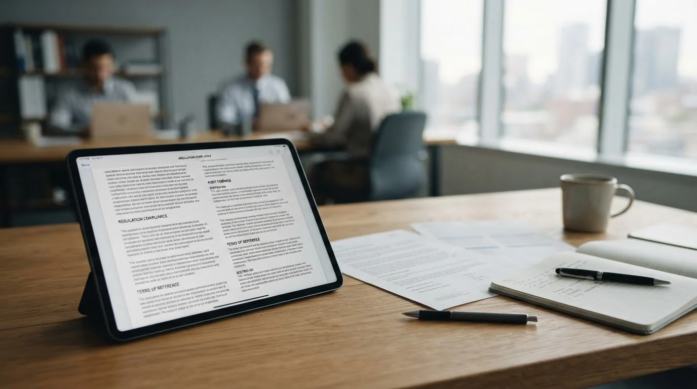 Gesetzliche Dokumente und Tablet mit Regulierungstext
