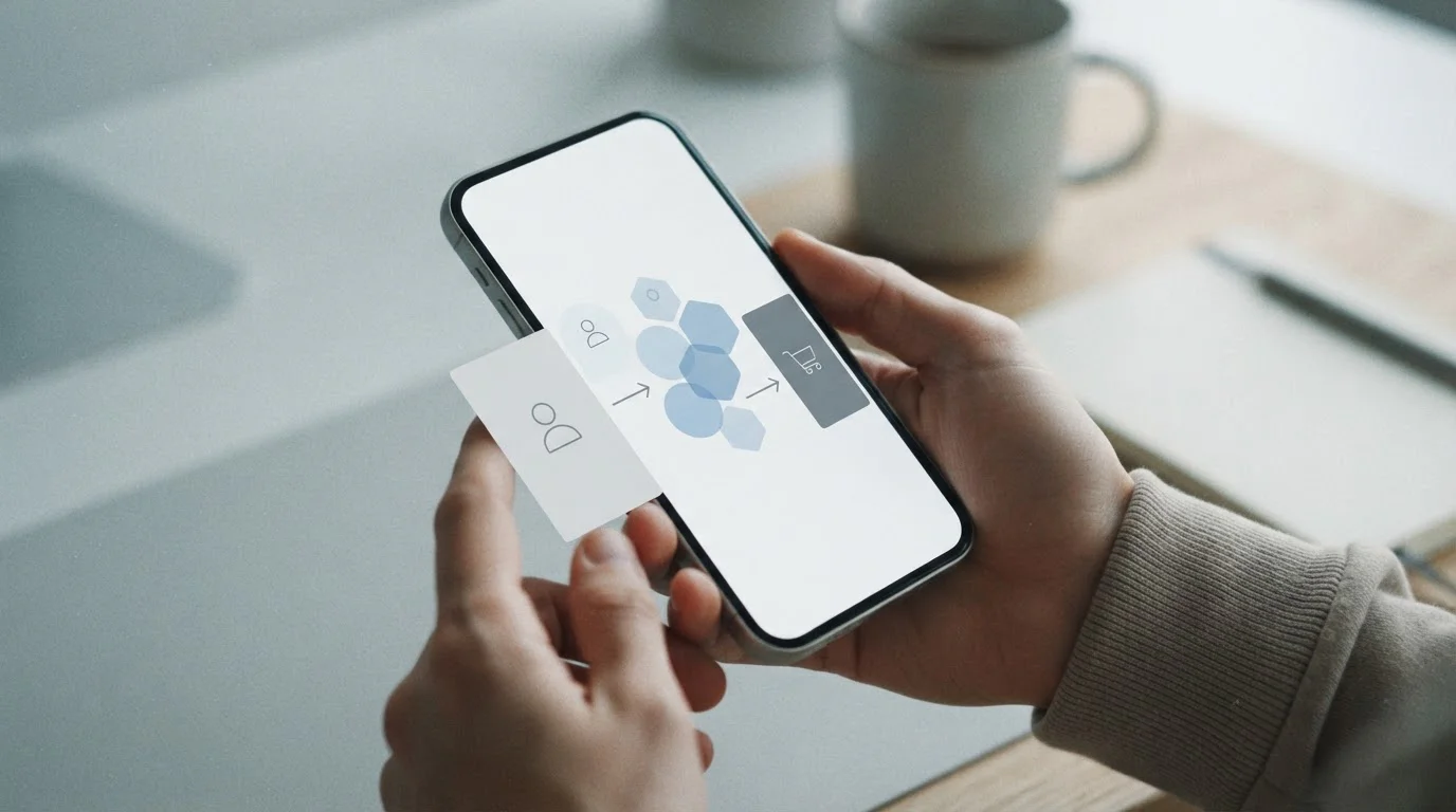 Smartphone zeigt schematischen Ablauf einer Online-Zahlung