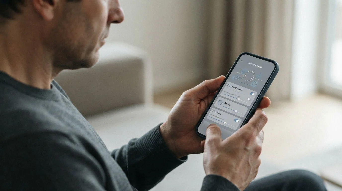Smartphone-Bildschirm mit Einstellungen für Spiellimits und Kontakt zu Hilfsangeboten