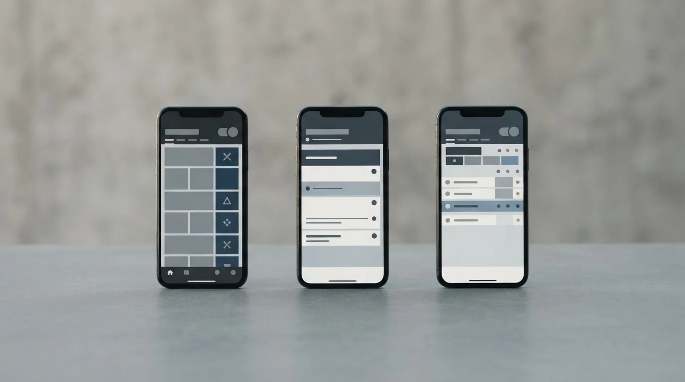 Drei Smartphones nebeneinander zeigen abstrakte Wettanbieter-Interfaces im Vergleich