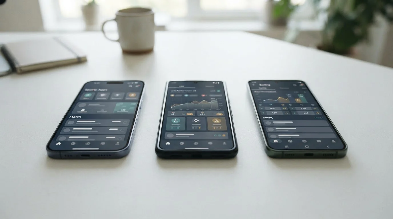 Mehrere Smartphones nebeneinander mit verschiedenen App-Oberflächen im Vergleich