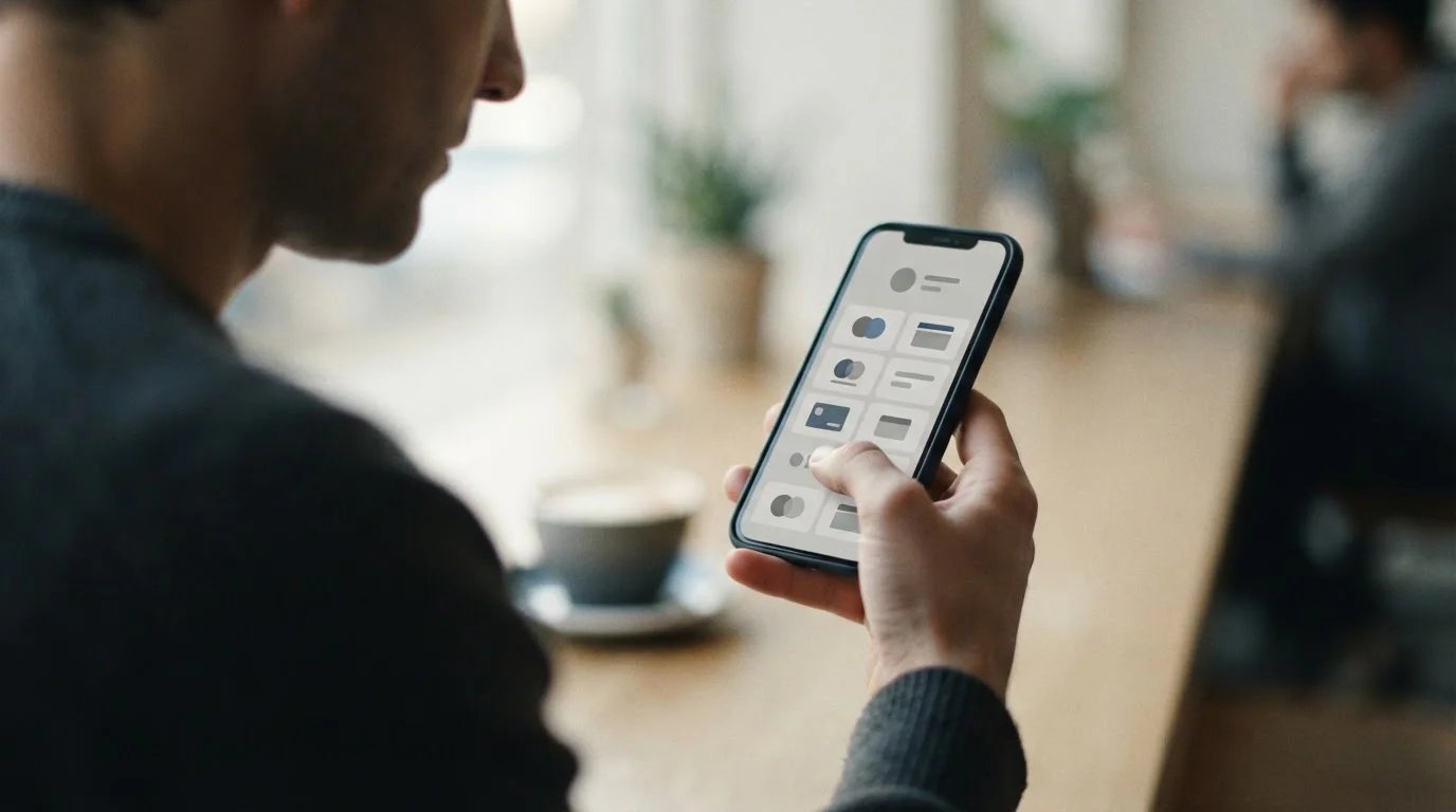 Ein Smartphone in der Hand einer Person zeigt verschiedene Zahlungsoptionen als neutrale Icons